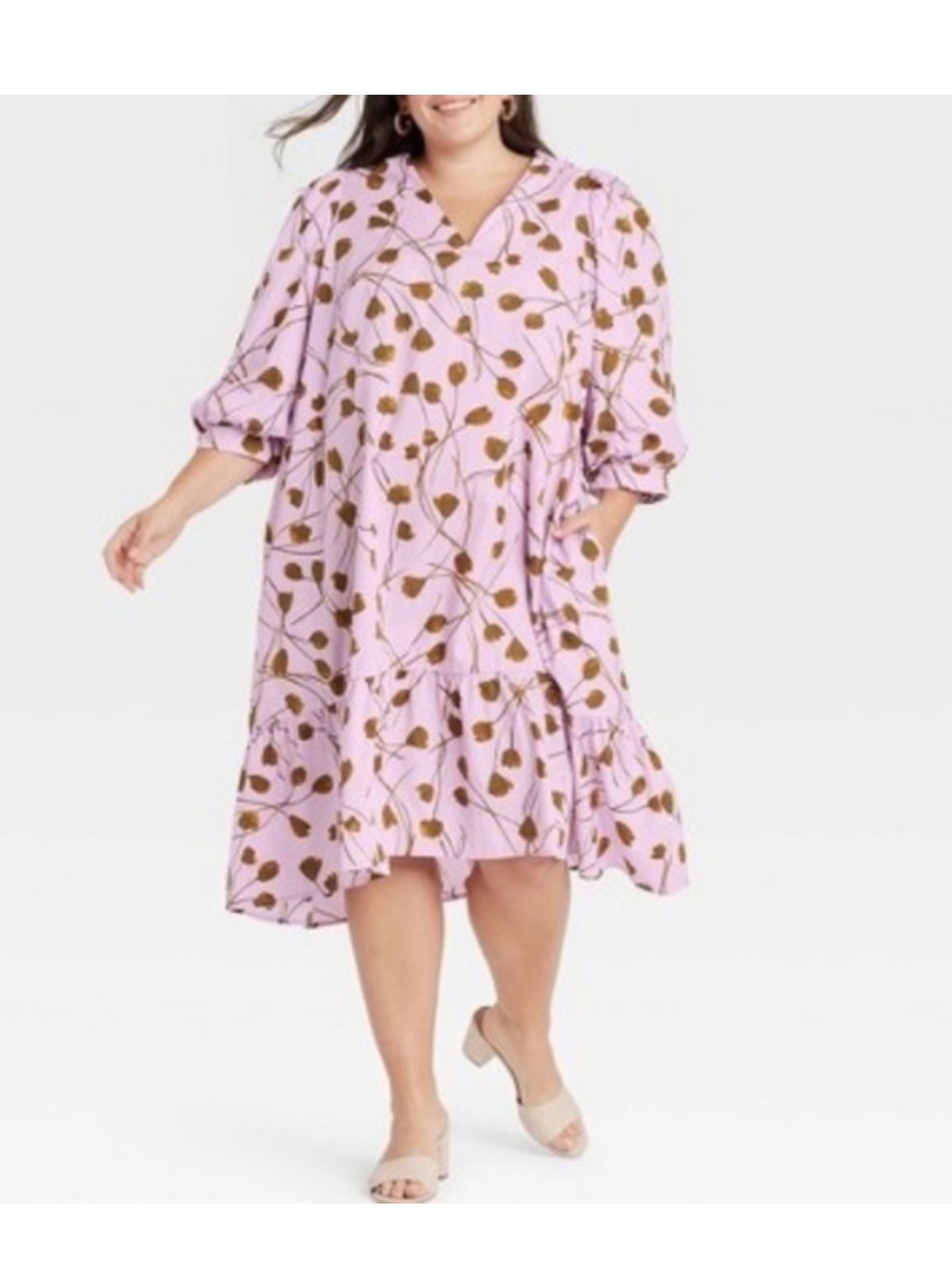 Plus Size lilac Floral V-Neck Midi Dress